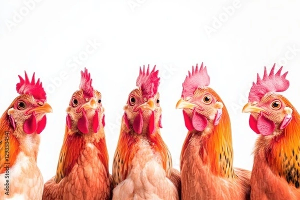 Fototapeta A group of chickens standing together, natural behavior