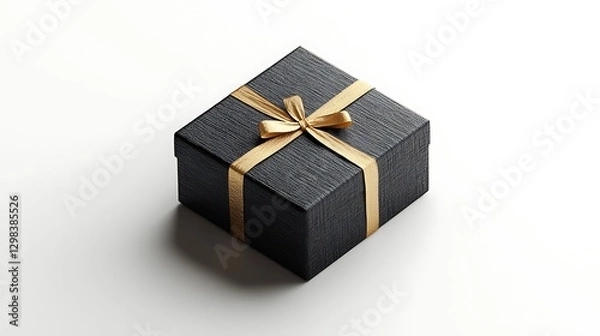 Fototapeta 3D black gift box with golden ribbon icon on a white background,