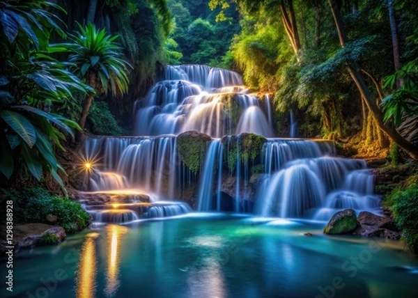 Fototapeta Lush green foliage surrounds a crystal-clear waterfall, illuminated in a magical night scene of low light.