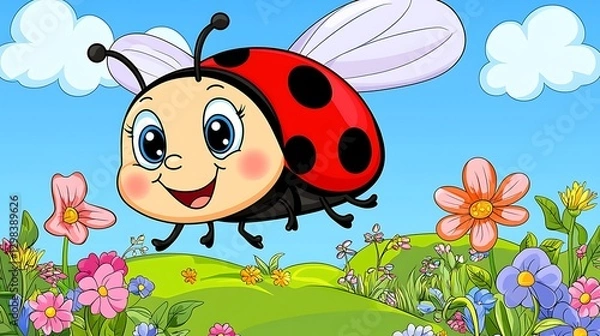 Fototapeta Cartoon ladybug flying over flower field with clouds for children's books/educational materials