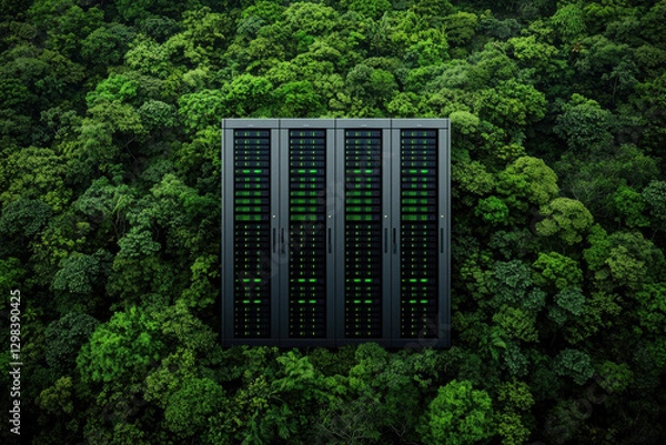 Fototapeta High tech server room surrounded by lush green forest, showcasing nature and technology