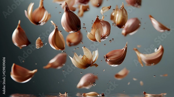 Fototapeta Floating shallots cloves create a mesmerizing display .