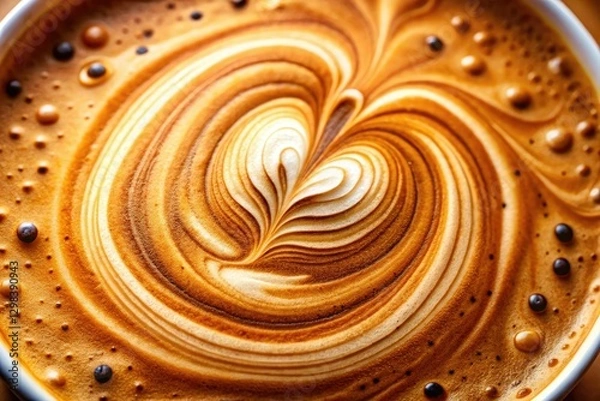 Fototapeta Microscopic latte art: creamy macchiato foam's texture captured in detail.