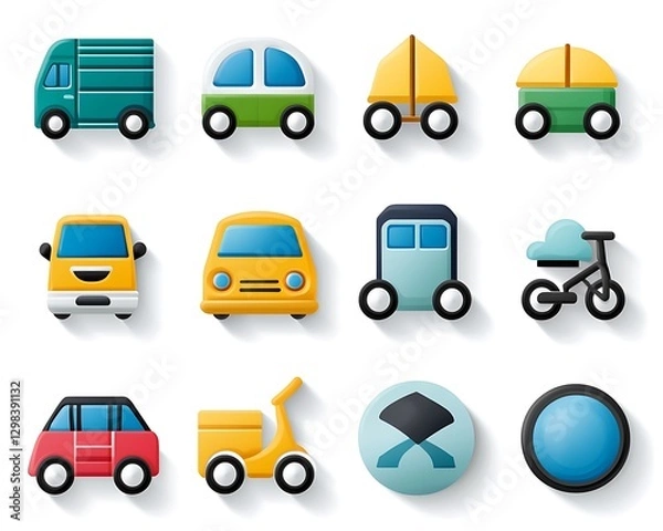 Fototapeta Cartoon transport icons in rows, delivery & travel. UI/UX design, app background, web icons, navigation