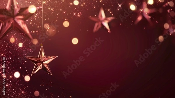 Obraz Red and gold glittering stars on deep burgundy background with copy space for text, festive holiday concept