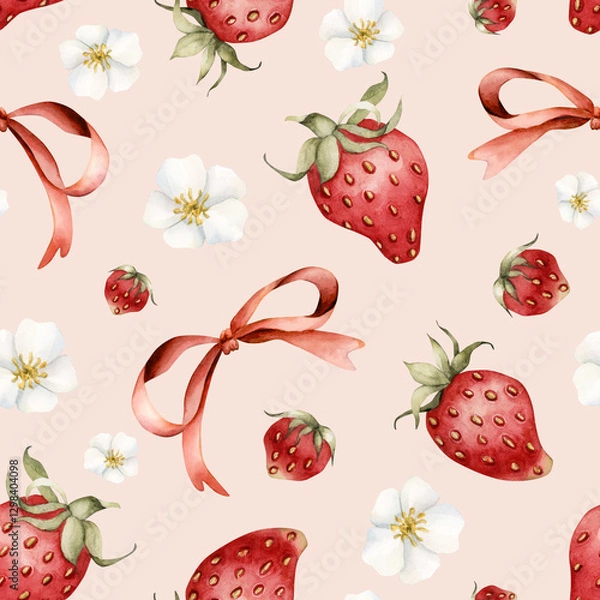 Fototapeta Cute strawberry with red ribbon bow. Watercolor food seamless pattern on pink background for delicious summer fabric