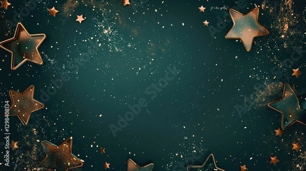 Obraz Elegant copper star decorations on dark green festive background with glitter particles and empty center space for text
