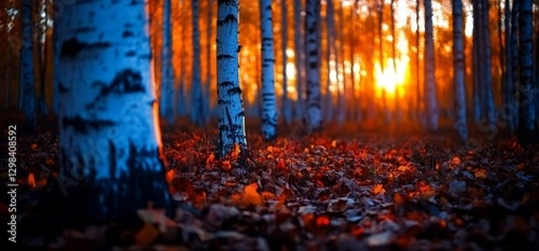 Fototapeta Sunset in birch forest; autumn leaves carpet the ground