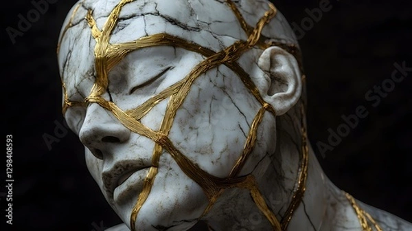 Fototapeta Broken Statue Mended with Golden Bandages in Artistic Display