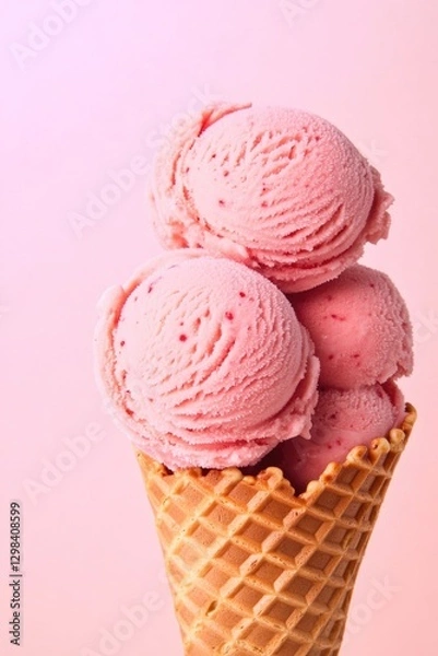 Obraz Delightful pink ice cream scoops stacked in crispy cone against