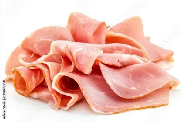 Fototapeta Sliced Ham Stack - Close-up of a pile of thinly sliced ham, showcasing its delicate texture and pinkish hue against a white background