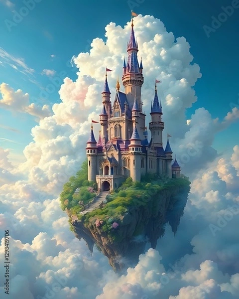 Obraz illustration d'un château flottant qui se situe dans les nuages au sein d'un décors fantasmagorique 