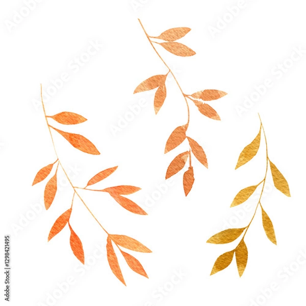 Fototapeta twigs with yellow and orange leaves. hand painted with watercolors, delicate and light. For gift or packaging