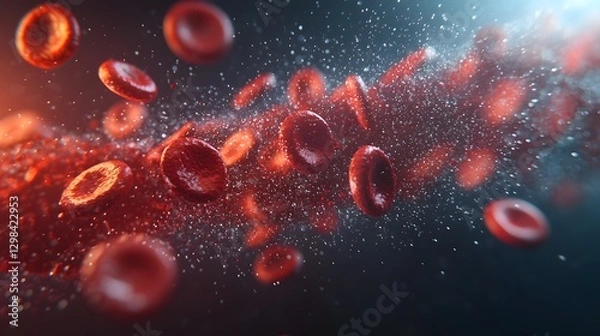 Fototapeta scientific showcasing the dynamic movement of red blood cells flowing naturally through a vascular pathway  The biconcave cells are illuminated by warm