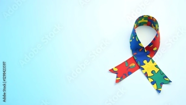 Obraz Neatly Looped Ribbon with Colorful Puzzle Pattern Symbolizing Autism Awareness on a Gradient Background