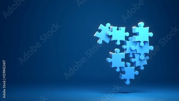 Obraz Glowing Blue Puzzle Pieces Forming a Heart in a Gradient Background for Autism Awareness