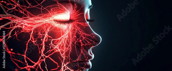 Obraz A close-up view of a human face with glowing red neural networks across the skin, symbolizing futuristic technology, artificial intelligence, or the connection between human and machine.