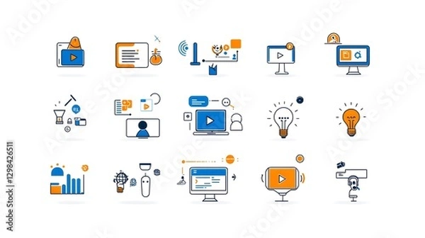 Fototapeta Neatly arranged collection of outline icons illustrating various aspects of online education  remote meetings  and live broadcast tools on a clean white canvas  Featuring video calls