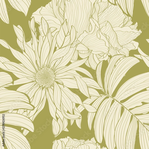 Obraz Tropical and garden flowers and tropical palm leaves seamless pattern. Line drawing.