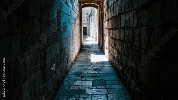 Fototapeta Narrow Alleyway in an Ancient City with Dramatic Light Play