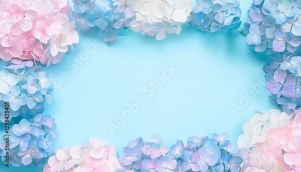 Obraz パステルカラーのあじさいのフレーム。水色の背景色。AIで生成