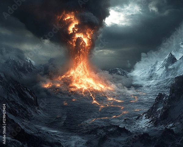 Obraz A powerful volcanic eruption spewing lava and smoke across a dramatic mountain landscape, symbolizing nature's destructive force and the raw power of volcanic activity.