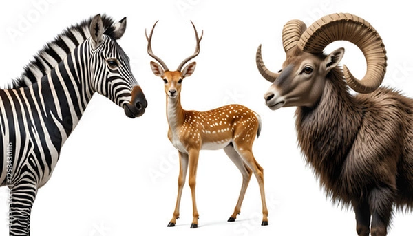Fototapeta A Majestic Zebra, A Graceful Deer, And A Powerful Ram Stand Together In A Striking Portrait Against A Clean Isolated on Transparent Background