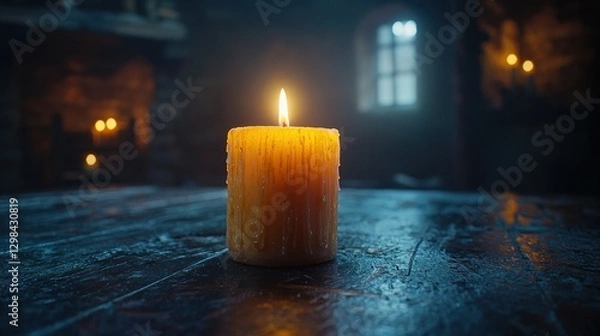 Obraz Lit candle on dark wood table, medieval room