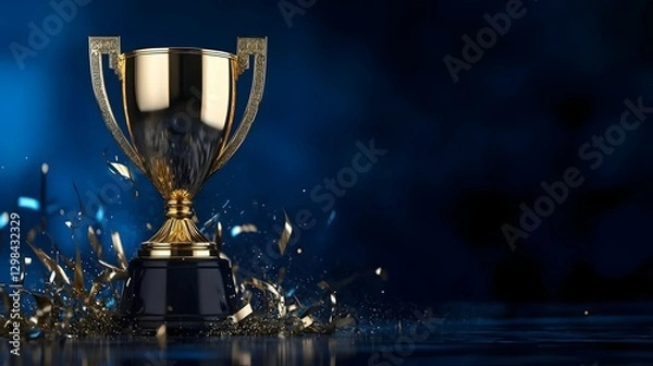Fototapeta A highly detailed golden trophy shining brightly in the center of a dark blue background symbolizing success and recognition  The reflective surface of the trophy captures the ambient light