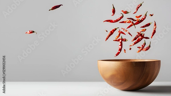 Fototapeta Floating red chili cloves create a mesmerizing display of culinary artistry and natural beauty in a minimalist setting.