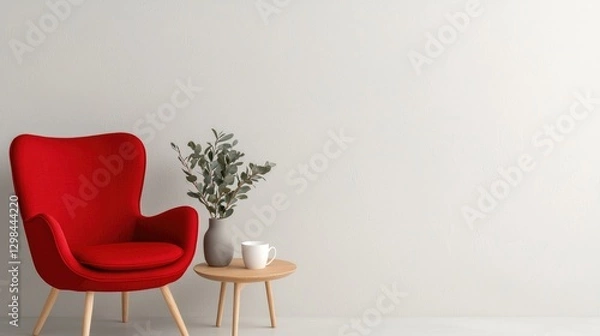 Fototapeta Red armchair, wooden side table, minimalist interior
