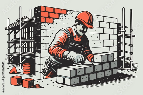 Fototapeta Bricklayer at Work: Vibrant Vector Illustration of Construction Scene with Scaffolding and Precision Craftsmanship Vector Illustration