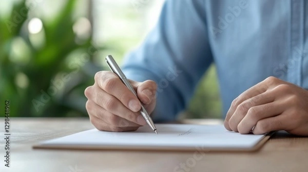 Obraz Man Writes on Paper with Pen