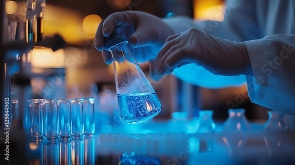 Fototapeta Scientist Handling Glowing Blue Liquid in Laboratory, Scientist in a lab coat handling a glowing blue liquid in a flask, surrounded by test tubes