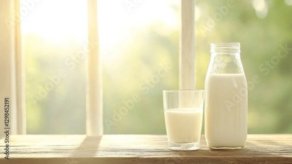 Fototapeta A classic glass bottle of milk alongside a full glass, placed on a rustic wooden table with soft sunlight streaming through a window