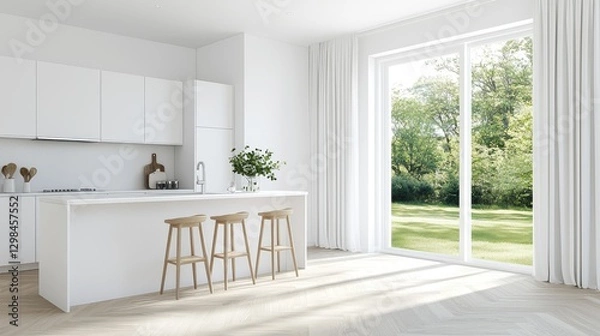 Obraz Modern White Kitchen with Garden View, Interior Design,  Relaxing Atmosphere, Stock Photo