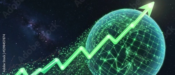 Fototapeta Green Arrow Ascending over Digital Globe with Starry Background