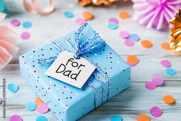 Fototapeta Blue gift box with tag reading "For Dad" on festive background. Wrapped present for dad with greeting tag and confetti. Concept for Father’s Day celebration, father's birthday. 