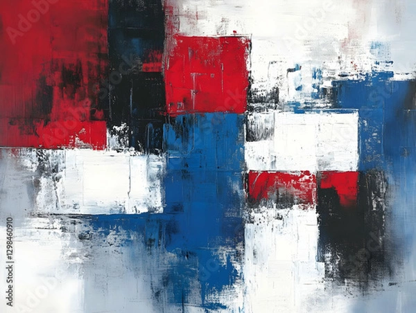 Fototapeta Abstract painting with red, white, and blue brushstrokes on canvas