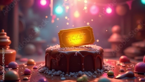 Fototapeta Golden ticket, A glowing golden ticket atop a chocolate fountain under soft multi-colored lights in a bright fantasy setting