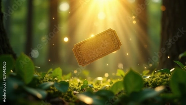 Fototapeta Golden ticket, A golden ticket floats in a sunlit enchanted forest filigree glowing as creatures whisper with floral accents.