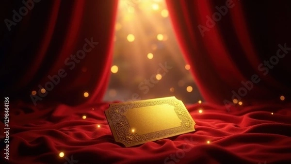 Fototapeta Golden ticket, Glowing golden ticket with velvet background soft fairy lights sunlight hint of wonderland.