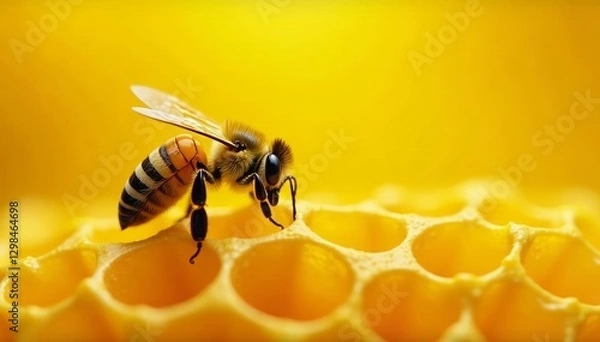 Obraz Honeybee lands on golden honeycomb, vibrant yellow background, vivid, dripping