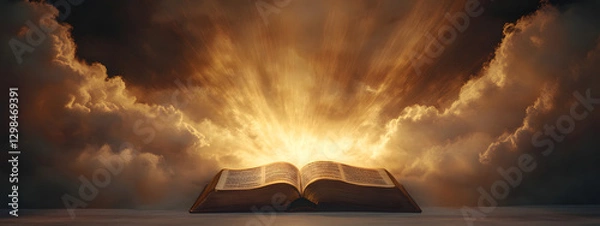Obraz An open Bible with rays of light shining down on it, the background is dark and cloudy
