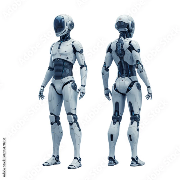 Fototapeta Two identical, sophisticated, white robots are presented in a front and back view