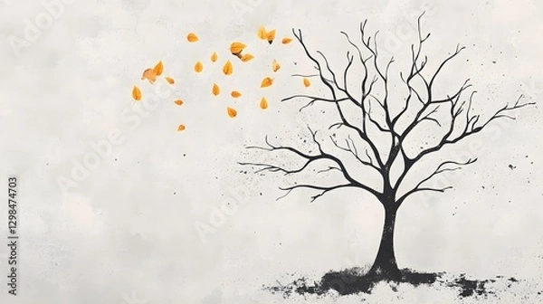 Fototapeta Abstract Illustration of a Leafless Tree with Floating Leaves