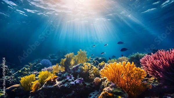 Fototapeta A beautiful underwater scene of coral reefs and fish, with sunlight filtering through the water's surface, creating an enchanting atmosphere