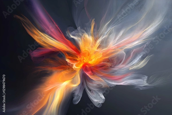 Fototapeta An abstract digital painting of an explosion, with vibrant colors and fluid shapes creating dynamic movement in the center of the composition.