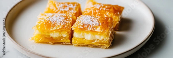 Fototapeta Golden Crispy Galaktoboureko with Custard Filling and Powdered Sugar Topping