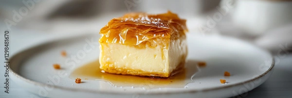 Fototapeta Golden Crispy Galaktoboureko with Custard Filling and Powdered Sugar Topping